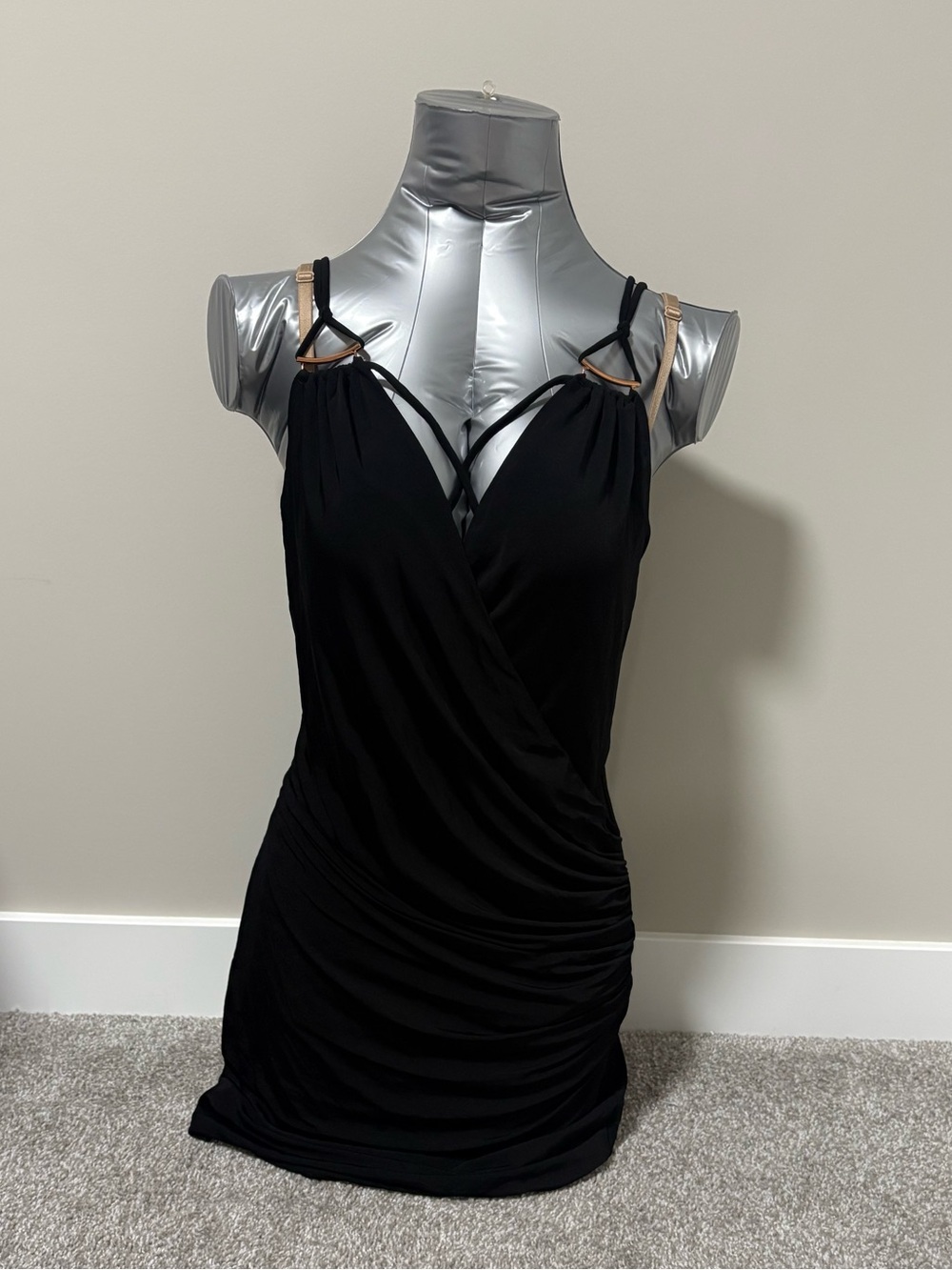 Marciano Black Ruched Wrap-Front Cocktail Dress with Strap Detail